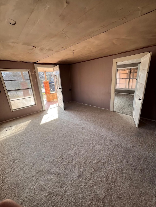 empty room featuring carpet flooring and wood walls