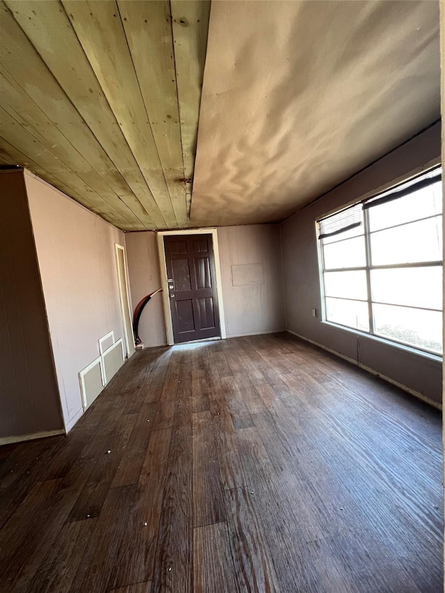 interior space featuring dark hardwood / wood-style flooring and wooden ceiling