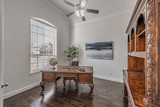 office area featuring lofted ceiling, ornamental molding, ceiling fan, and dark hardwood / wood-style flooring