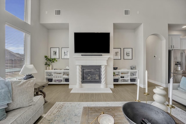 living room featuring a towering ceiling and light hardwood / wood-style floors