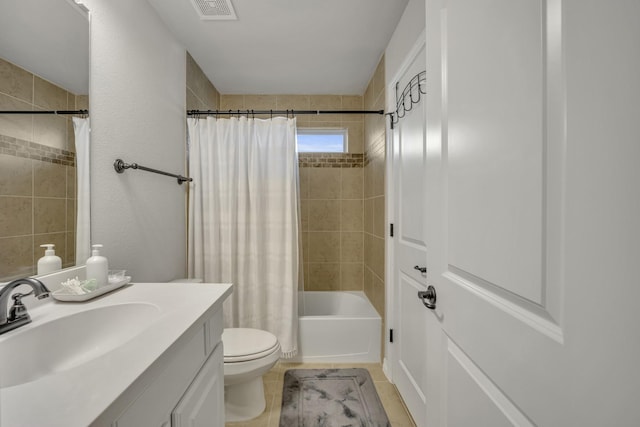 full bathroom featuring shower / bath combination with curtain, vanity, toilet, and tile patterned flooring