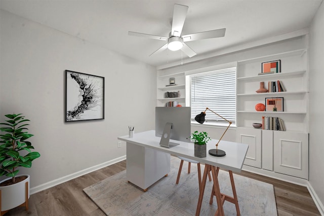 office space featuring ceiling fan and dark hardwood / wood-style flooring