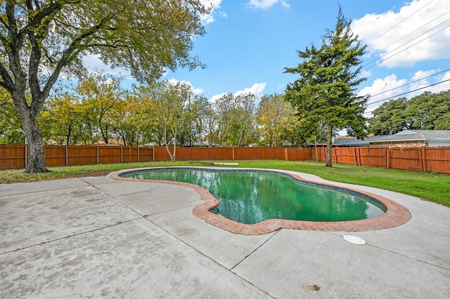 view of swimming pool with a lawn and a patio