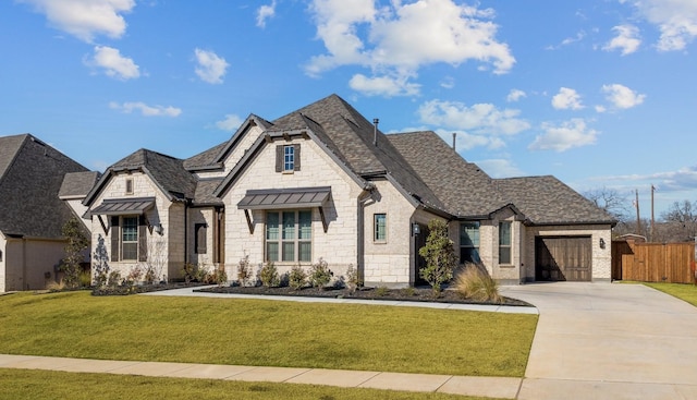 french provincial home with a front lawn and a garage