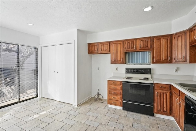 kitchen with sink, dishwasher, a textured ceiling, and white electric range