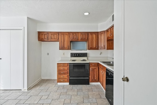 kitchen featuring dishwasher, a textured ceiling, white range with electric stovetop, and sink