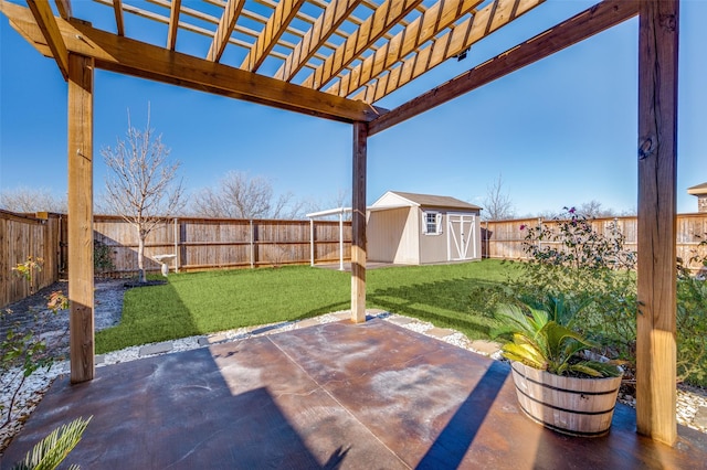 view of patio / terrace with a pergola and a storage unit