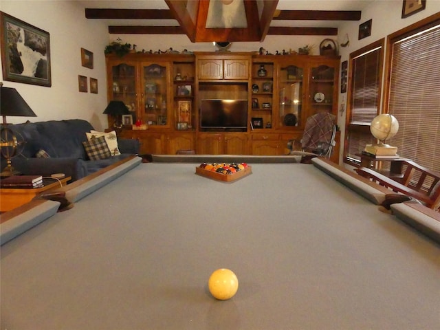 rec room featuring billiards, carpet flooring, and beam ceiling