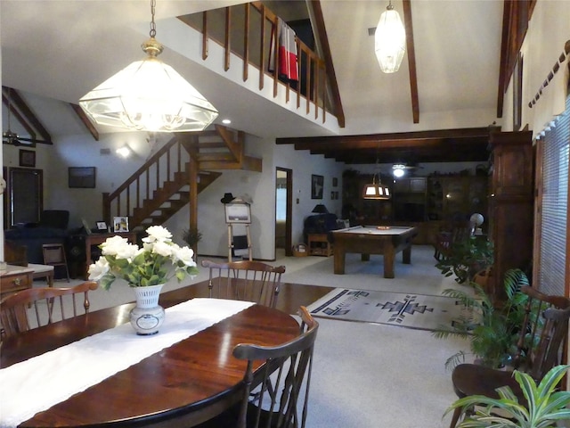 dining room featuring high vaulted ceiling, beam ceiling, billiards, and stairway