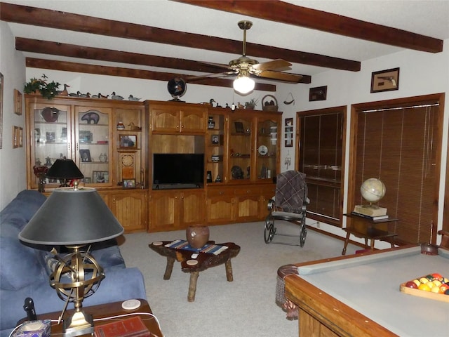 living area featuring light carpet, ceiling fan, beamed ceiling, and billiards