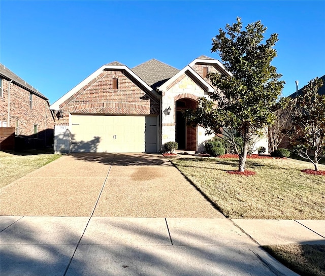 view of front facade featuring a front lawn and a garage