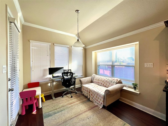 office area with ornamental molding, vaulted ceiling, and hardwood / wood-style flooring