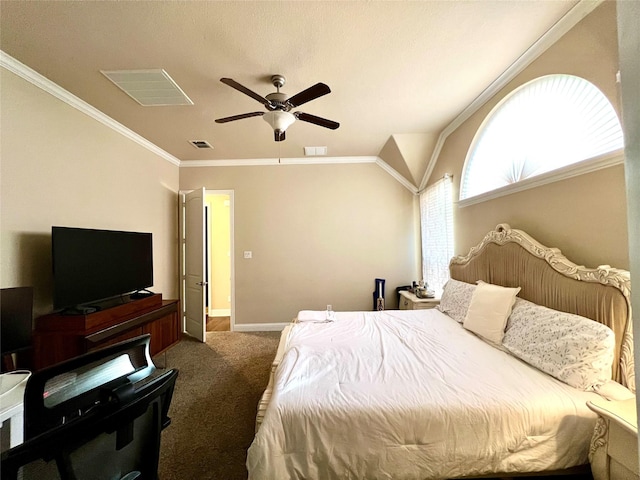 bedroom featuring carpet flooring, ceiling fan, and ornamental molding