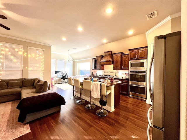 kitchen featuring dark hardwood / wood-style flooring, premium range hood, a kitchen island with sink, appliances with stainless steel finishes, and ornamental molding