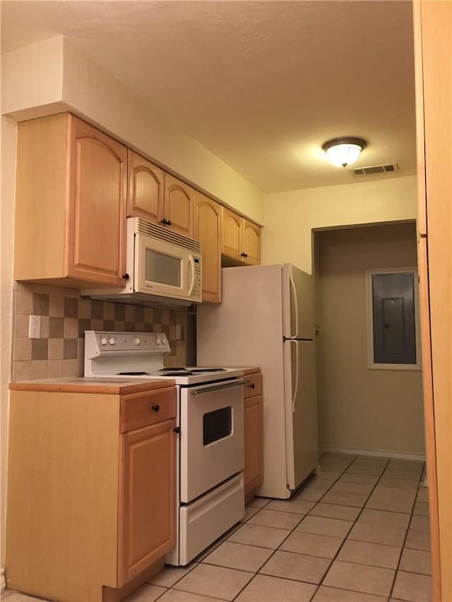 kitchen with light brown cabinets, backsplash, electric panel, electric stove, and light tile patterned floors