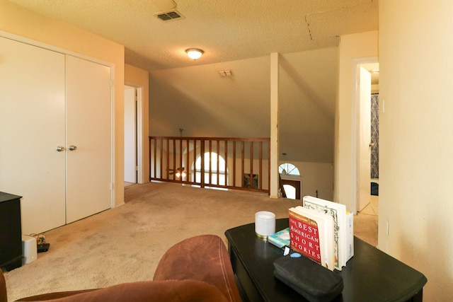 additional living space featuring carpet, lofted ceiling, and a textured ceiling