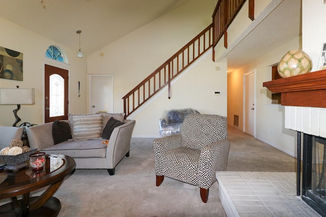 living room featuring light carpet and high vaulted ceiling