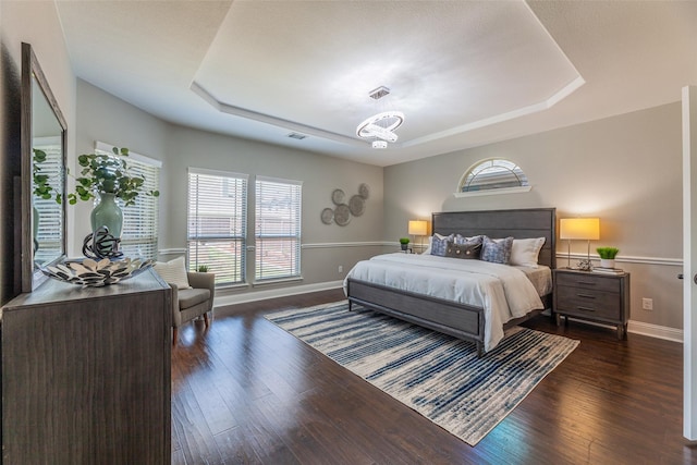 bedroom featuring a raised ceiling and dark hardwood / wood-style floors