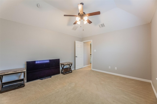 interior space with vaulted ceiling and ceiling fan