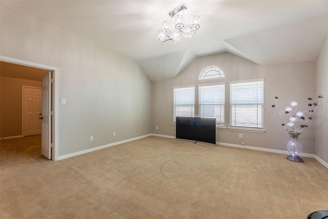 interior space featuring vaulted ceiling and light colored carpet