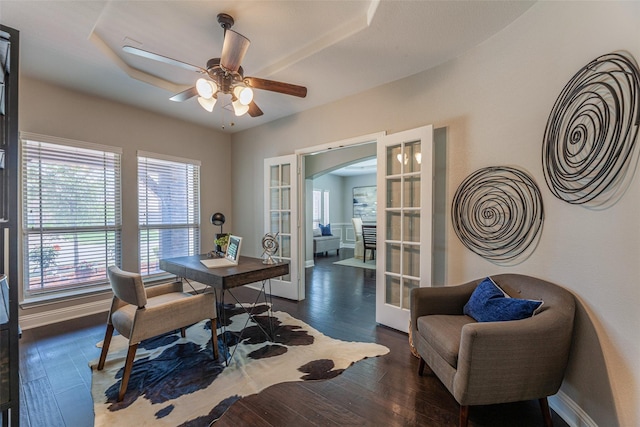 office area with french doors, ceiling fan, and dark hardwood / wood-style floors