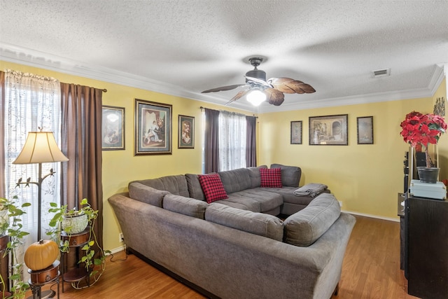 living room featuring ceiling fan, ornamental molding, wood-type flooring, and a textured ceiling