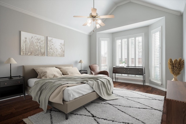 bedroom with vaulted ceiling, ceiling fan, crown molding, and dark wood-type flooring