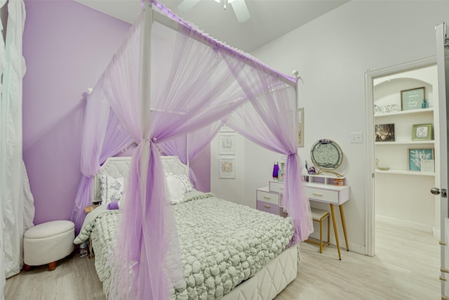 bedroom featuring ceiling fan and light wood-type flooring