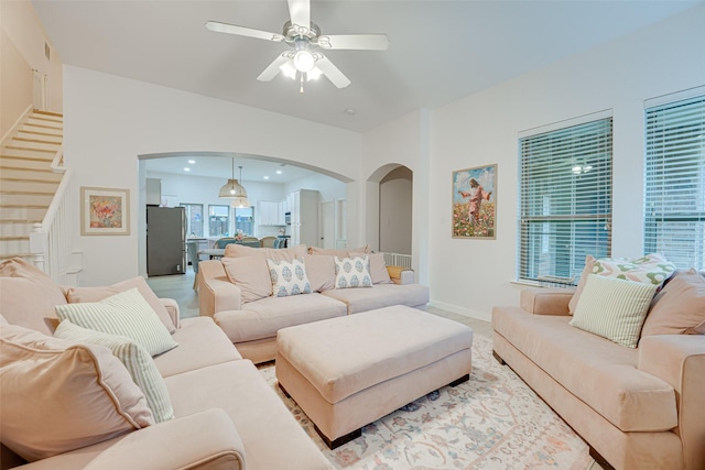 living room featuring ceiling fan