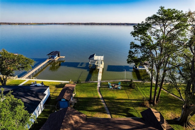 drone / aerial view with a water view