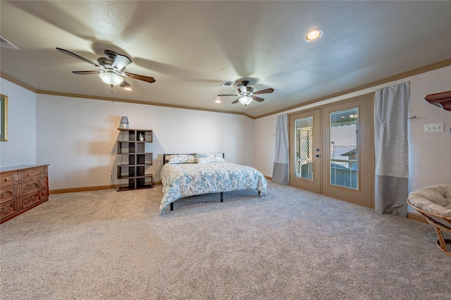 carpeted bedroom with access to exterior, ceiling fan, crown molding, and french doors