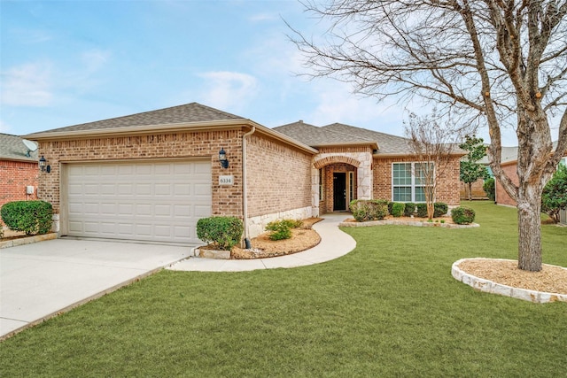 view of front of house with an attached garage, brick siding, a shingled roof, concrete driveway, and a front lawn