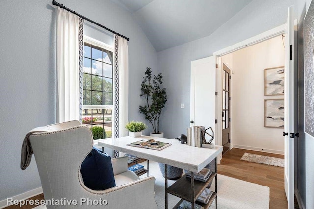 office featuring hardwood / wood-style floors and vaulted ceiling