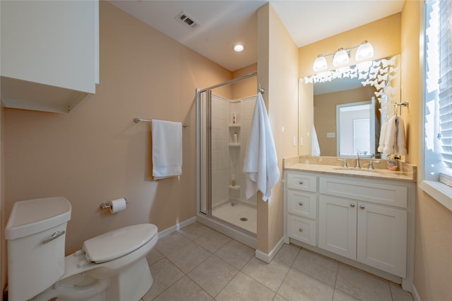 bathroom featuring a shower stall, visible vents, baseboards, toilet, and tile patterned floors