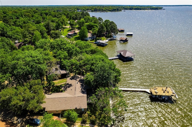aerial view with a water view and a view of trees