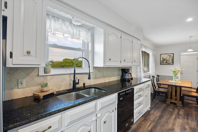 kitchen featuring sink, white cabinetry, hanging light fixtures, dark hardwood / wood-style floors, and black dishwasher