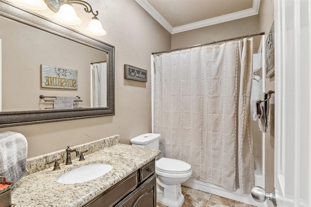 full bathroom with vanity, toilet, crown molding, and shower / tub combo with curtain