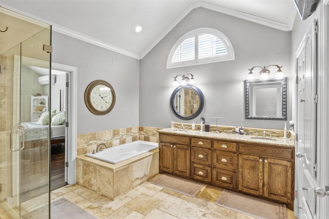 bathroom with ornamental molding, vanity, vaulted ceiling, a wall mounted AC, and independent shower and bath