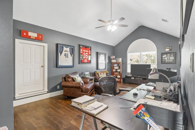 office with ceiling fan, dark hardwood / wood-style flooring, and vaulted ceiling