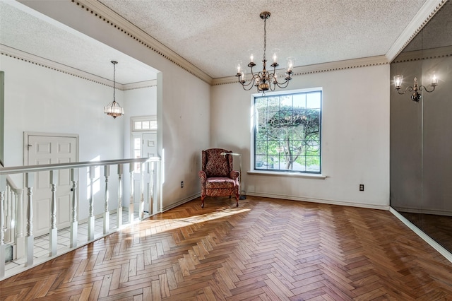 unfurnished room with parquet flooring, a textured ceiling, and an inviting chandelier