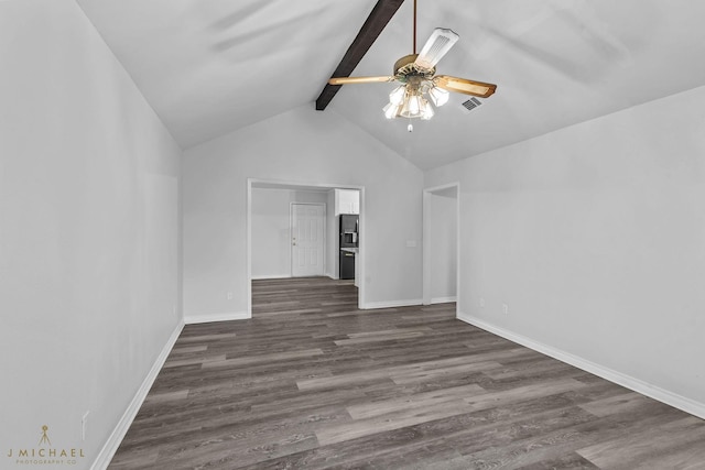 unfurnished living room with dark hardwood / wood-style floors, vaulted ceiling with beams, and ceiling fan