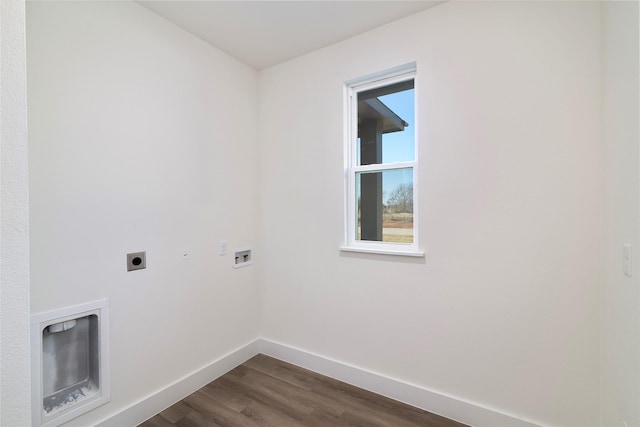 laundry room with electric dryer hookup, washer hookup, and dark hardwood / wood-style flooring