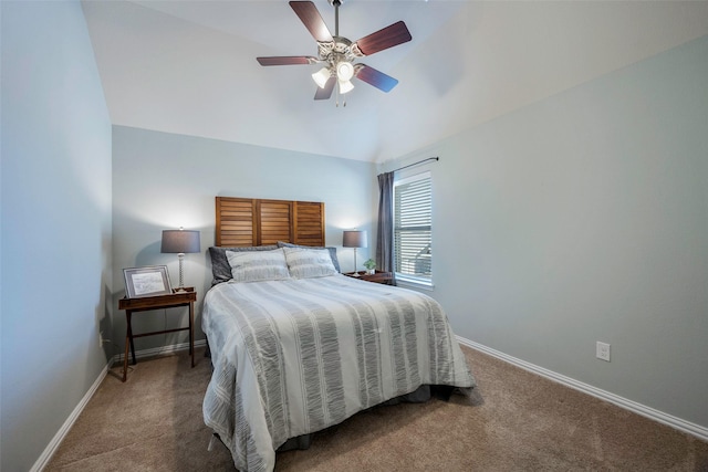 bedroom featuring carpet floors, vaulted ceiling, and ceiling fan