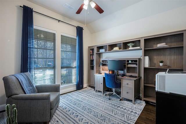 office featuring ceiling fan, dark hardwood / wood-style flooring, and lofted ceiling