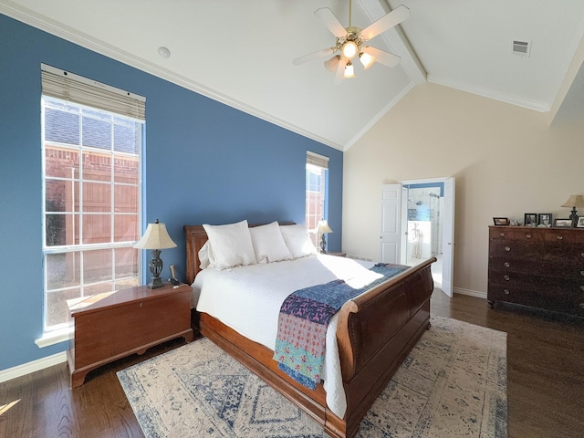 bedroom with vaulted ceiling with beams, dark wood-type flooring, and ceiling fan