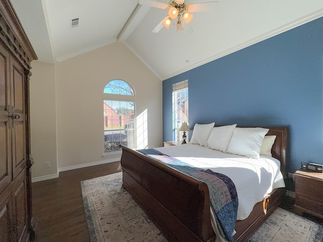 bedroom featuring ceiling fan, crown molding, vaulted ceiling, and wood-type flooring