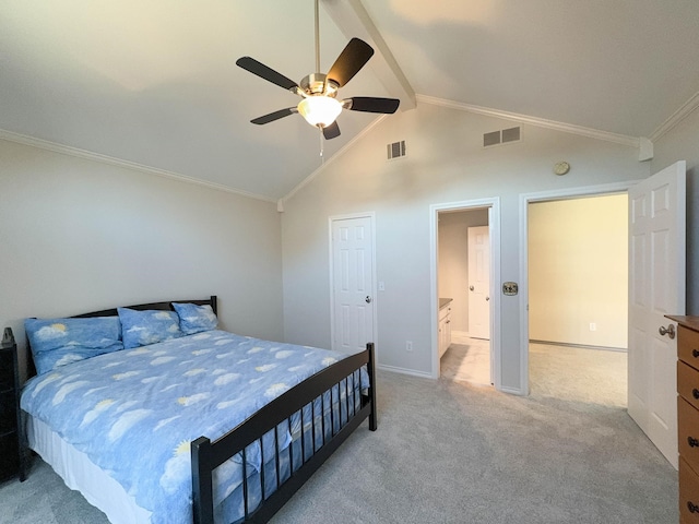 carpeted bedroom featuring crown molding, ceiling fan, high vaulted ceiling, and beamed ceiling