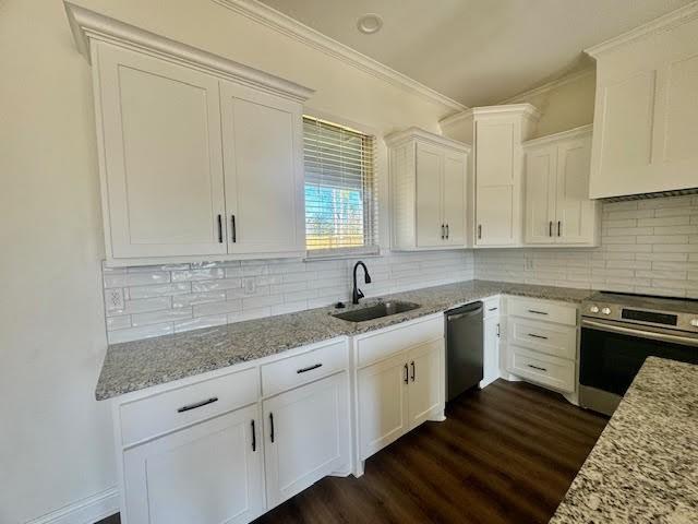 kitchen featuring white cabinets, stainless steel appliances, light stone counters, and sink