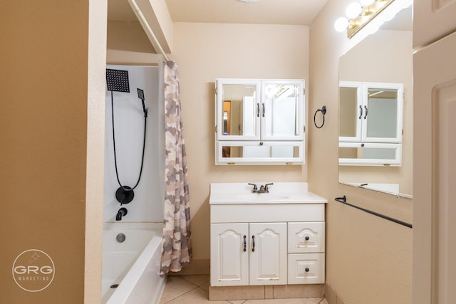 bathroom with tile patterned floors, vanity, and shower / bathtub combination with curtain