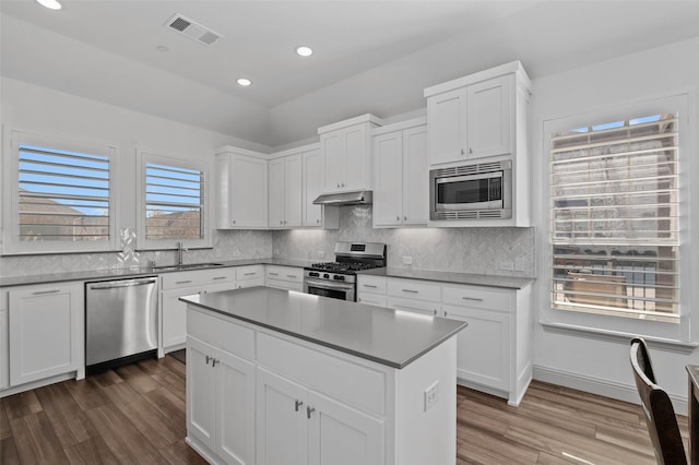 kitchen with stainless steel appliances and white cabinetry